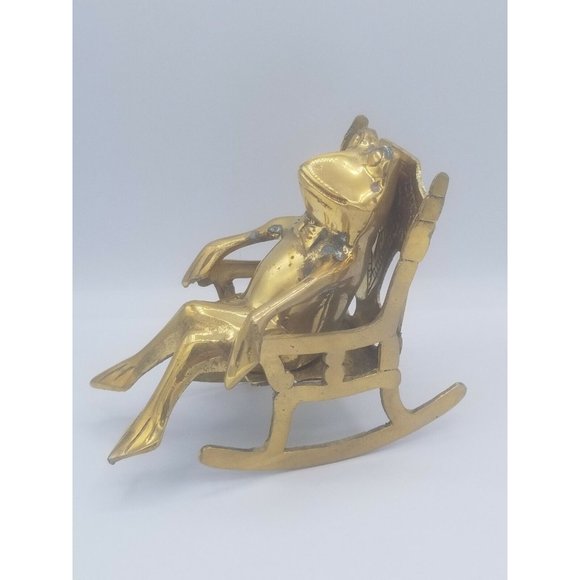 Brass Frog in Rocking Chair Figurine Bow Tie Gentleman Frog Made in Korea - Picture 3 of 8